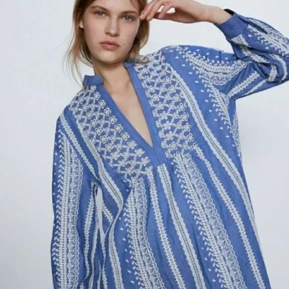 Zara Embroidered Eyelet Chambray Tunic Peasant Mini Dress - Picture 2 of 14